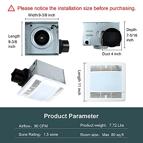Ultra Quiet Bathroom Exhaust Fan with LED Light 90CFM 1.5 Sone Bathroom Ventilation Fan with