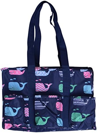7-Pocket Tote Bag With Zipper (Navy Whales)