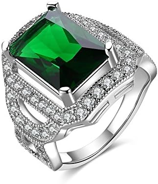 AKLOVER Women's Square Emerald Quartz Gemstone Platinum-Plated Jewelry Ring