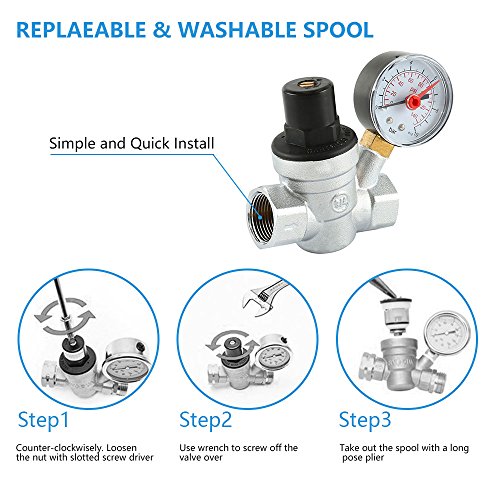 WarmCare Adjustable Brass Water Pressure Regulator Lead-free with Gauge for RV Camper and Inlet Screened Filter