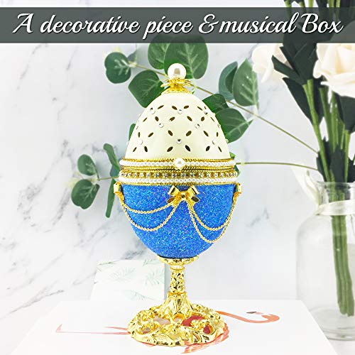 Matashi Blue-Ivory Eggshell Trinket Music Box "Fur Elise" with Crystals and Pearls Faberge Egg Table Top Ornament Decorative Gold Finish Home Decor for Living Room Bedrooms Gift for Christmas Birthday - Thumbnail 3