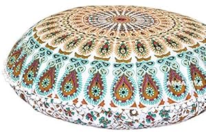 ANJANIYA - 22" Peacock Mandala Bohemian Yoga Meditation Floor Pillow Cover Comfortable Home Cushion Couch Seating Large Zipped Throw Hippie Decorative Ottoman Boho Indian (White Multi)