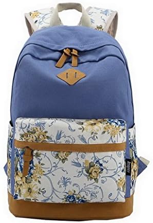 Hedwig Girls Floral Canvas Backpack School Bag College Shoulder Bag,Blue