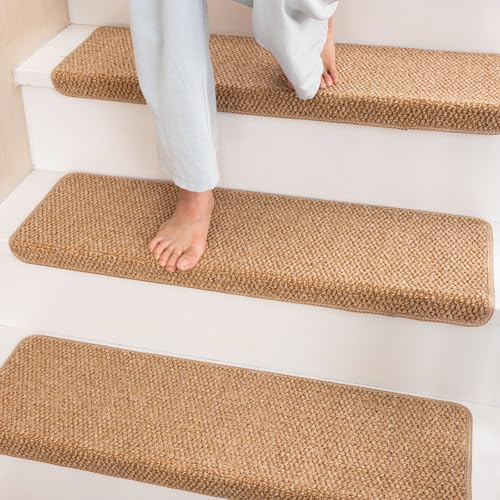 Hopeviva Bullnose Carpet Sisal Stair Treads | Set of 14 | Stair Treads for Wooden Steps Indoor Anti Slip Braided Staircase Protector Pet Friendly Rugs Covers Washable 9.44" X 29.5"x 1.9",Golden | Set of 14 Anti Slip Indoor Staircase Protector Rugs Covers, Polypropylene Braided Carpet Treads 9.44" x 29.5"x 1.9", Golden