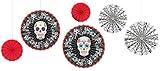 Amscan Day Of The Dead Halloween Party Assorted Sized Sugar Skull Hanging Fan Decoration (6 Piece), 16