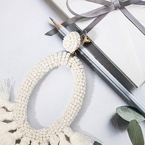 Women's Beaded Tassel Earrings Long Fringe Drop Bohemian Earings Dangle 7 Colors (Bead-White)