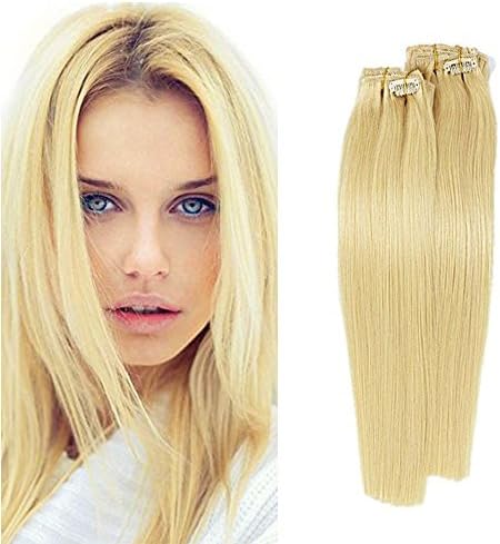 PolestarHair 70 Gram Clip in Hair Extensions Real Human Hair Extensions Blonde Color 7 Pieces Silky Straight Weft Remy Virgin Hair (24 inches #613)