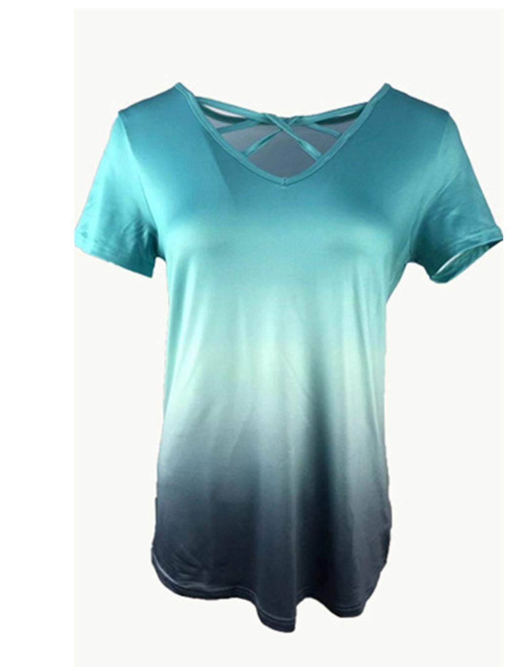 UpBeauty Women V Neck Crossover Gradient Printed T-Shirt Short Sleeve Top Knits & Tees Light Green
