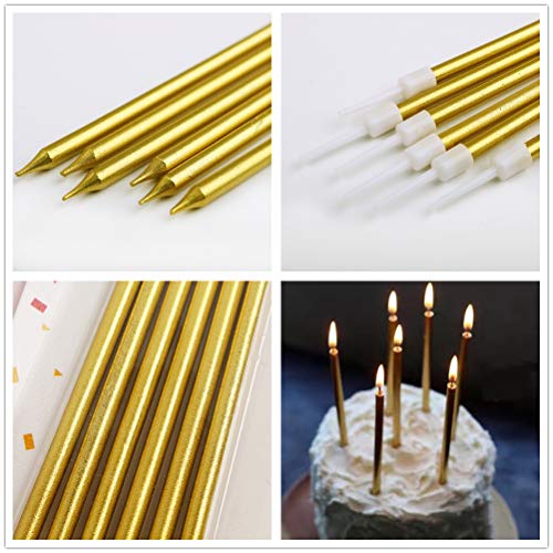 Muhuyi 48 Count Party Long Thin Cake Candles Metallic Birthday Candles in Holders for Birthday Cakes Decorations, Gold and Champagne Gold - Thumbnail 4