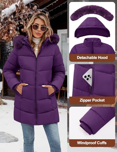 Tuopuda Parka for Women Long with Fur Hood Thick Coat for Women Winter Jacket with Hood Zipper Jacket Windproof Coat