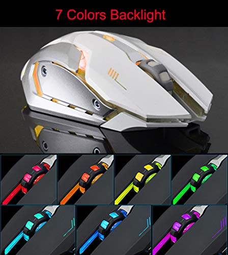 Rechargeable Wireless Mouse Silent 1600DPI 6 Buttons Breathing Blacklit Led Ergonomic Shape with AutoFire Keys (White)