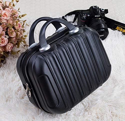 Honta Simple Practical Cosmetic Bag,14inches Small Cosmetic Suitcase Vertical Striped Hard Luggage Vanity Case(Black)