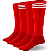AOPRIE Baseball Socks Bulk Sport Athletic Socks Striped Youth Knee High Long Tube Softball Football Soccer Team Sock Unisex Kids Boys Girls Red, 4 Pack