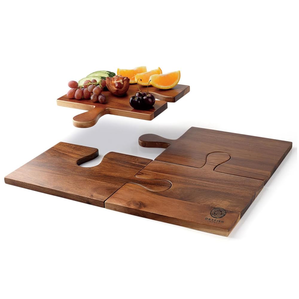 Dryfish Home Wooden Cheese Board - Jigsaw Cut | Set of 4 Acacia Wood Large Charcuterie Boards | Housewarming Gift, Thanksgiving Gift, Dinner Party, Premium Cheese Board