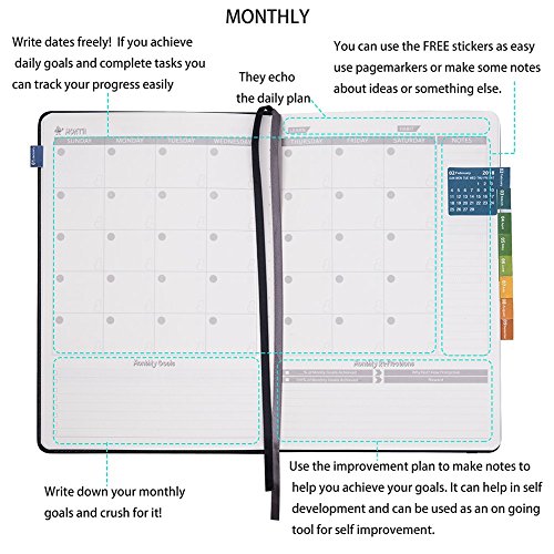 Undated Daily & Monthly Planner + 2018 Calendar Stickers and TO-DO List to Improve Productivity, Premium Thick Paper, Pen Holder, 5.75" x 8.25", Inner Pocket, 6 months at least - Lemome - Thumbnail 2