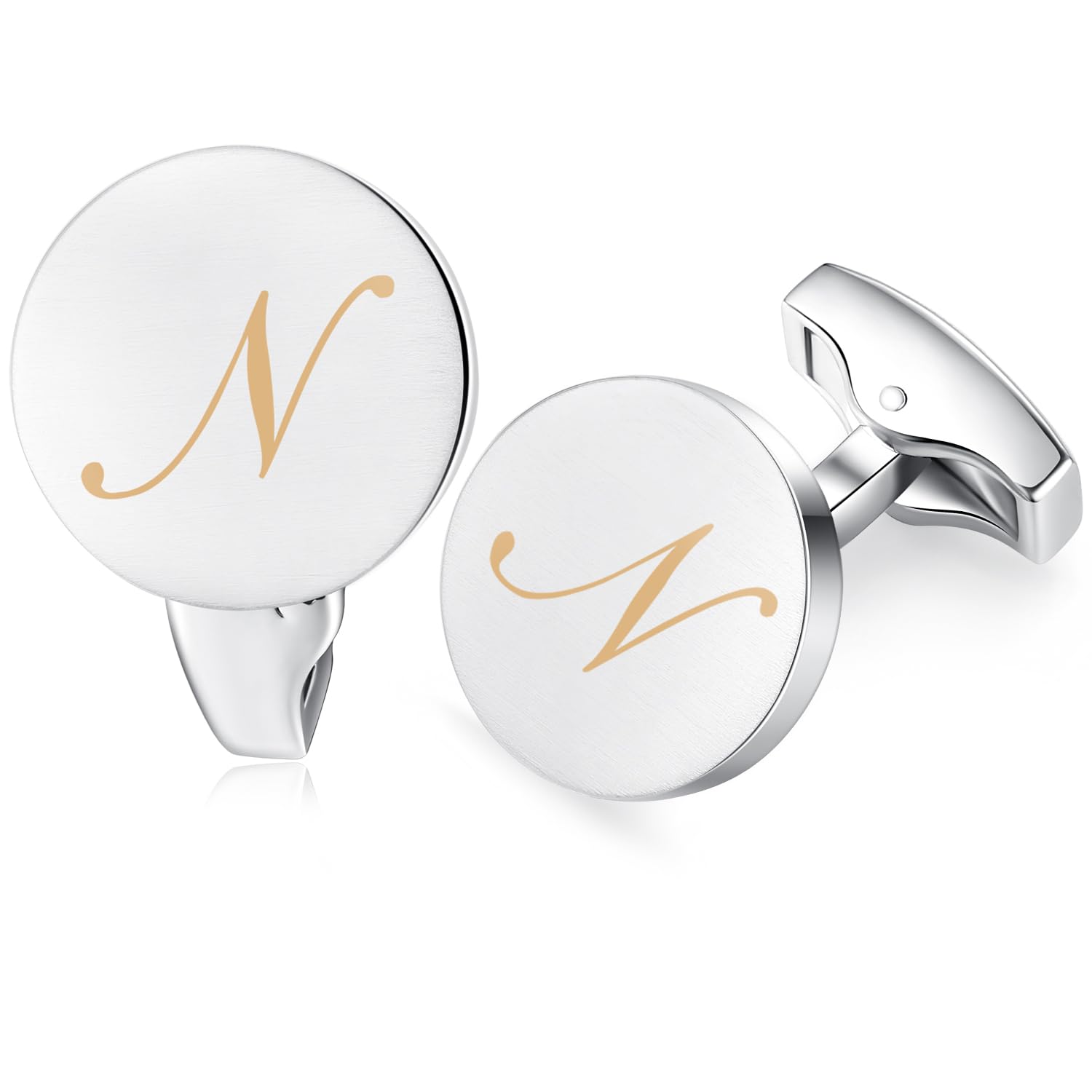 HONEY BEAR Initial Alphabet Letter Cufflinks for Men, Silver Round Shape Wedding Business Gifts A - Z (One pair N)