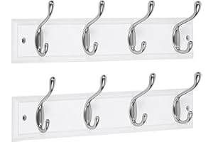 DOKEHOM [2 Pack 4-Satin Nickel Hooks on White Wooden Board Wall Mounted Coat Hook Rack Hanger