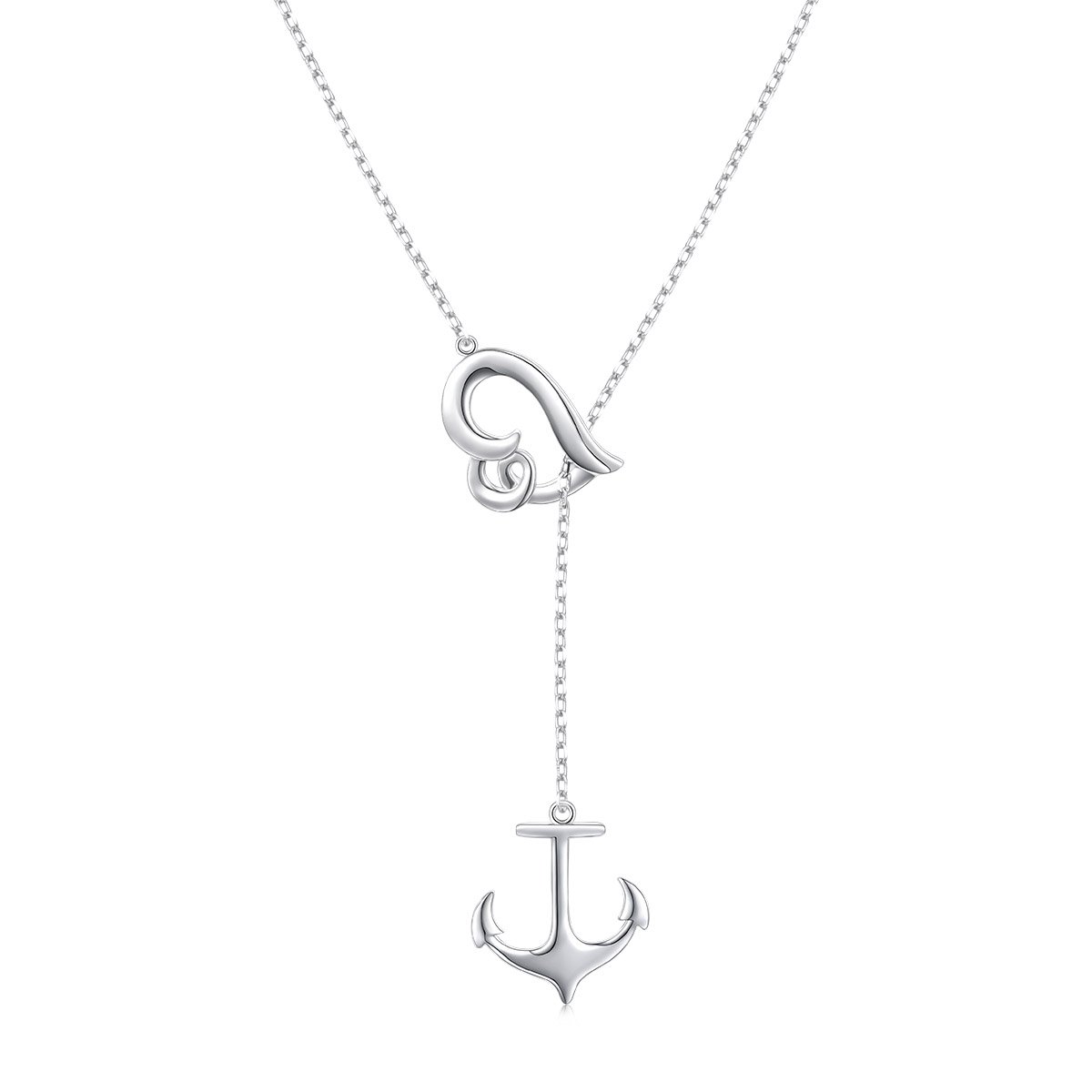 HOOHWE S925 Sterling Silver Waves Anchor Necklace for Women Y Shaped Lariat Long Pendant Necklace Beach Jewelry Adjustable Chain Gift for Girl Mother 's Day