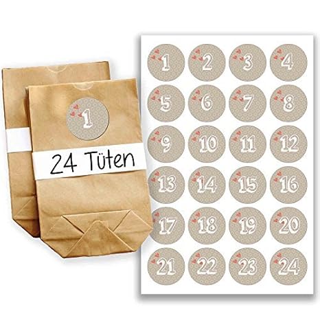 Papierdrachen Adventskalender Set - 24 braune Tüten und 24 beige Zahlenaufkleber - zum basteln und zum befüllen - Mini Set 11