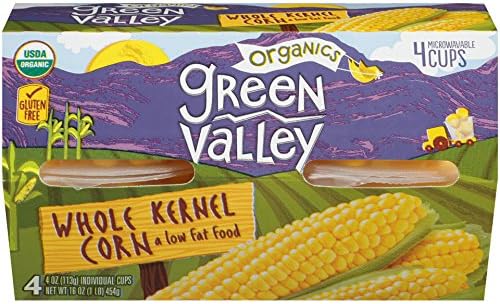 Green ValleyOrganics Whole Kernel Corn | Certified Organic | Non-GMO Project Verified | 100% Supersweet Variety Corn | Deliciously Sweet | Six 4-pack sleeves of 4.0 ounce cups (24 cups total)