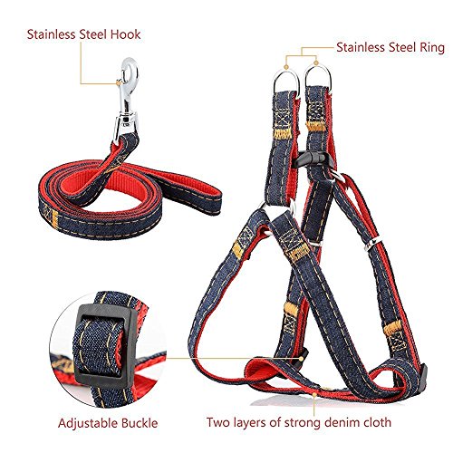 IKOCO No-Pull Dog Leash Harness Adjustable and Heavy Duty Denim Dog Training Walking Leash Collar for Large/Medium/Small Dog(M, Red)