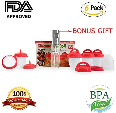 Egg Cooker Without the Shell, 6 Pack Silicone Cups Set As Seen on TV + FREE Bonus Stainless Steel Sprayer| Cook Soft, Medium, Hard Boiled &amp; Deviled Eggs | Non-Stick Boiler Containers, Easy to Clean