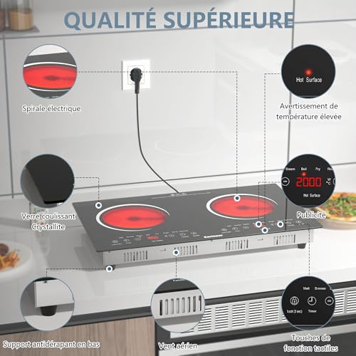 Karinear, 2-burner ceramic hob, electric hob, portable electric hob with VDE socket, child safety, residual heat indicator, 220-240 V