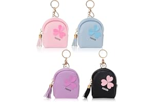 LZYMSZ 4 PACK Mini Coin Purse, Key Chain Backpack Zipper Coin Pouch Bag Leather Change Purse Credit Card Organizer Small Wallet for Girl Women in Travel School Party (Clover)