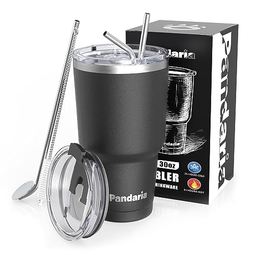 Pandaria 30 oz Insulated Tumblers with Lids and Straws, Double Wall Stainless Steel Tumbler with Straw, Reusable Spill Proof & Leak Proof Tumbler, Perfect for Iced Coffee, Tea & More, black