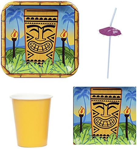 Luau Party Supplies Hawaiian Party – Plates, Cups, Napkins and Straws for 28 guests – 4 items in bundle