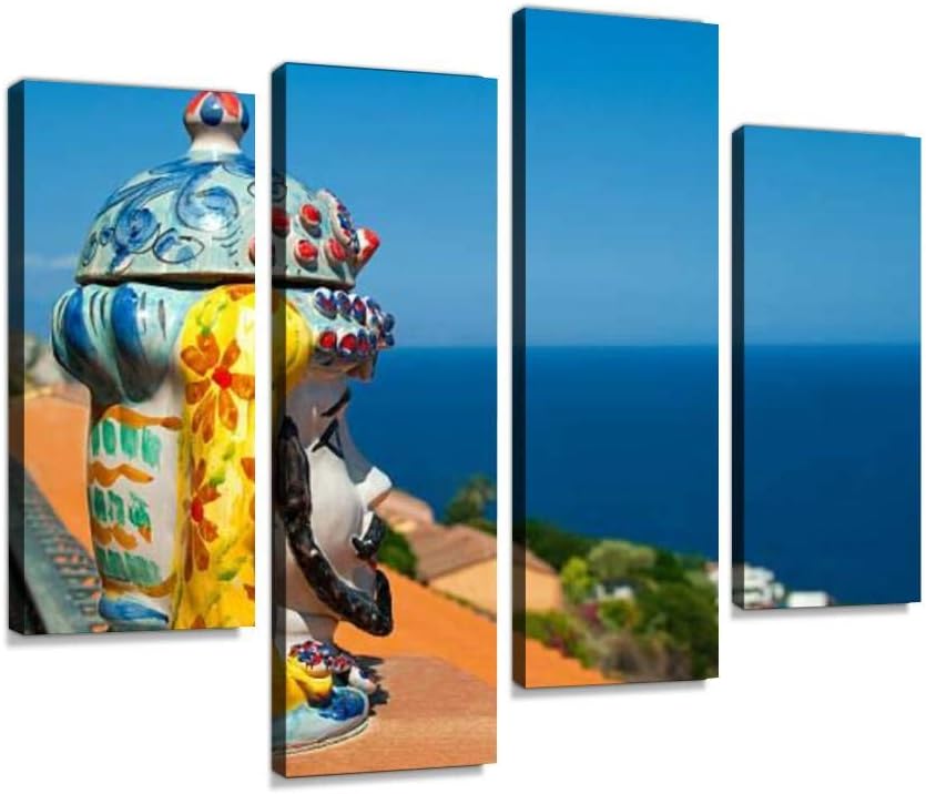 Popular Souvenir from Sicily Ceramics vase Fron Caltagirone Canvas Wall Art Hanging Paintings Modern Artwork Abstract Picture Prints Home Decoration Gift Unique Designed Framed 4 Panel