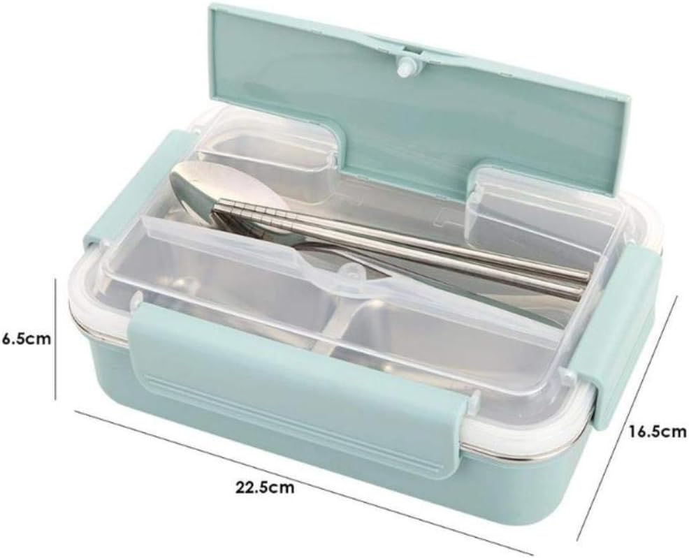 EDCV Stainless Steel Bento Box with Spoon Chopsticks Leak-Proof School Food Storage Container Dinnerware Set,Light Green 3 Grid