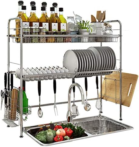 Over The Sink Dish Drying Rack, Adjustable Double Layer Stainless Steel Dish Drainer Shelf Multifunctional Kitchen Storage Organizer with Utensils Holder (Silver)