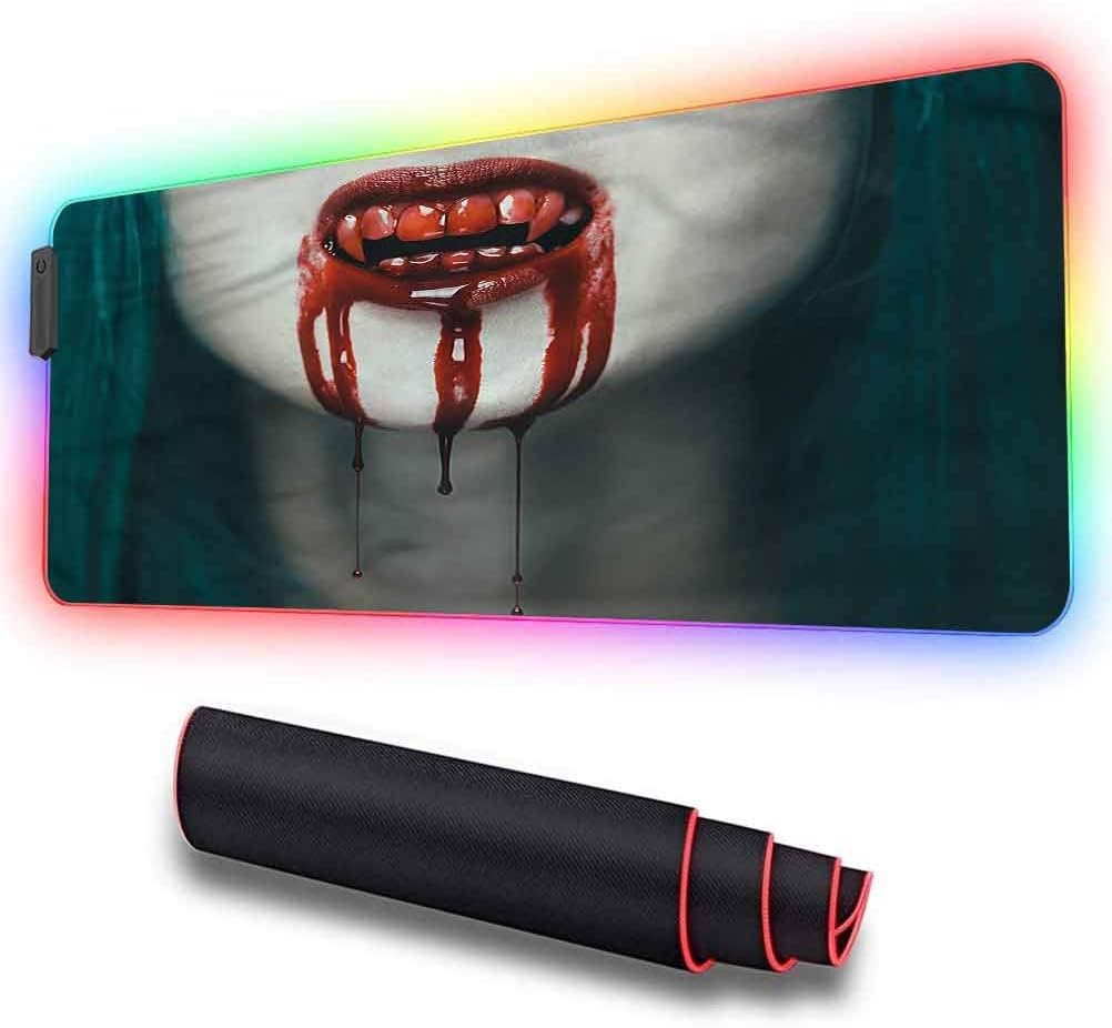 RGB Mouse Pad, Vampire,Bloody Teeth Horrifying, Extended Desk LED Mat Thick Non-Slip Rubber Base Keyboard Mouse Pad for Gamer, Esports Pros, Office Working, 31.5 x 11.8in