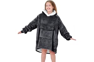 XYNHML Oversized Blanket Hoodie for Kids Flannel Sherpa wearable sweatshirt blanket Snuggies Warm Plush Hooded Blanket Deep Grey with Huge Pocket and Elastic Sleeve