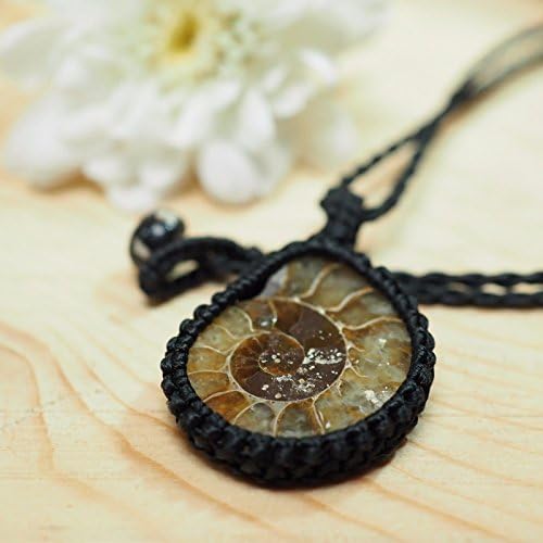 Macrame Art Necklace Pendant With Ammonite Fossil Gemstone Handmade Jewelry