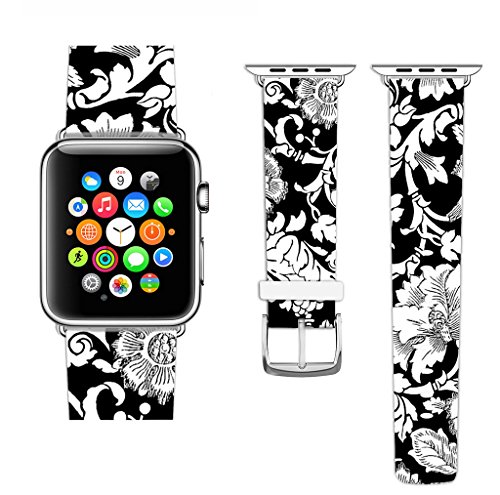 For Apple Watch Band 38mm,Ecute Replacement Band Leather Iwatch Strap With Silver Metal Clasp for Iwatch 38mm Series 3/Series 2/Series 1/Edition/Sport - White Flowers Pattern - Thumbnail 2