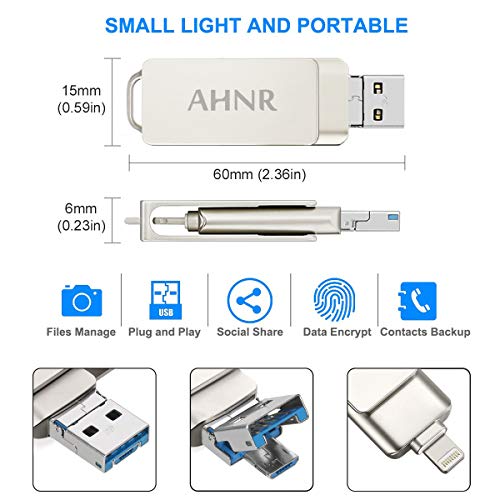 USB Flash Drives for iPhone 128GB [3-in-1] OTG Jump Drive, AHNR Thumb Drives External Micro USB Memory Storage Pen Drive, USB 3.0 Flash Memory Stick for iPhone, iPad, iOS, Android, PC(Silver)