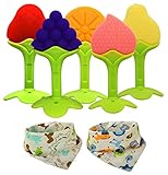 Baby Teething Toys, Infant BPA-Free Soft Silicone Teether Toys Set Chew Toy Freezer Safe with Two Piece Bandana Drool Bibs for Kids & Toddlers by Fayoo (Pack of 7)