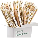 Paper Straws 100-Pack Gold Biodegradable, 7.75 Inches, Foil Striped, Wave,Heart, Gold, Bulk, Stars Paper Straws Ououps…