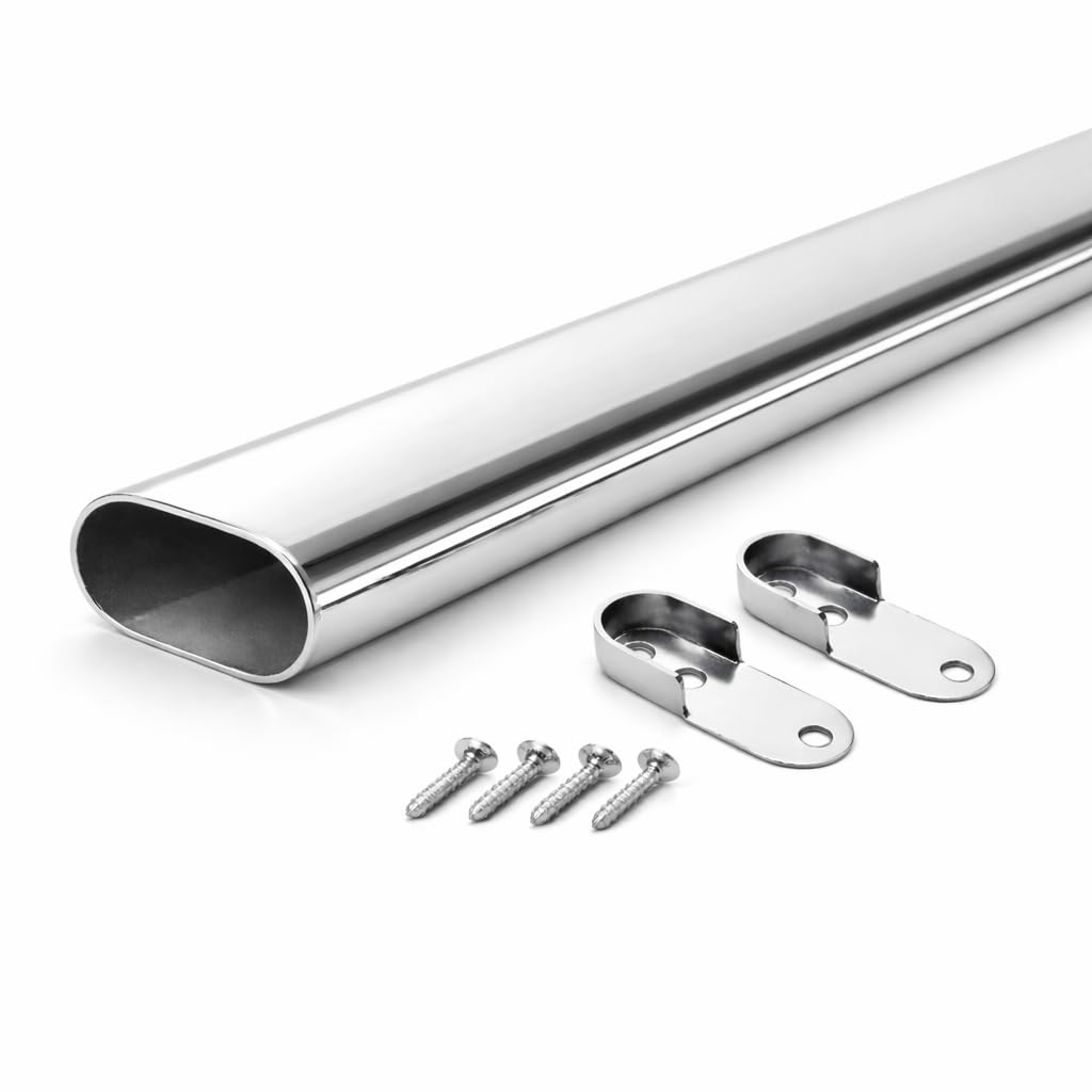 MKGT Oval Steel Wardrobe Rail 30x15mm – Chrome Heavy Duty Hanging Pole with Fixings for Wardrobes & Cupboards (1500mm (1.5m) ~59″)