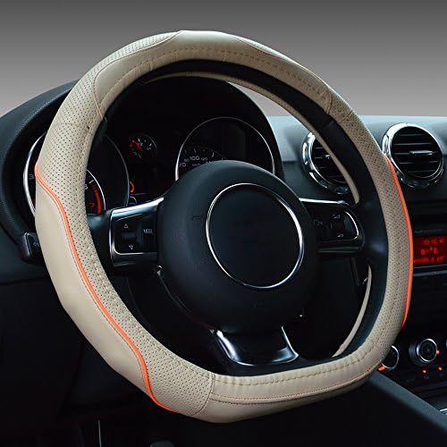 EcoGehen D-Type Universal Fit Leather Car Steering Wheel Cover 38CM/15 Anti Slip Breathable Protector Heavy Duty Auto Accessory Year Round Use for Truck SUV - Beige & Orange Line