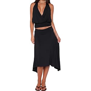 korssyee Womens Summer 2 Piece Skirt Set Vacation Going Out Beach Outfit | Sexy halter top, asymmetrical midi skirt, y2k, cru