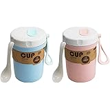 LZYMSZ 2PCS Wheat Straw Soup Cup, 300ml Portable Microwaveable Breakfast Cup, 2 Colors Porridge Lunch Box with Spoon for Scho