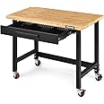 BOSEO Workbench, 48" Wild Mobile Workbench, Solid Wood Top Workbench for Garage, 500 LBS Workbench with Two Lockable Casters, Sliding Organizer Drawer