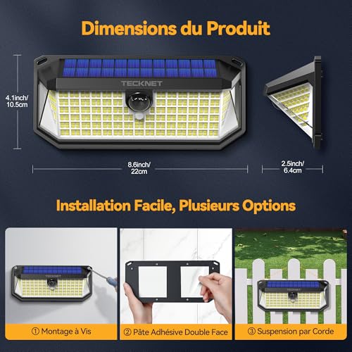 TECKNET 4200LM 416 LED 300° Lighting 3 Modes Solar Outdoor Light with Motion Sensor IP66 Waterproof Solar Light for Fence, Courtyard, Patio, Garden, Garage, etc