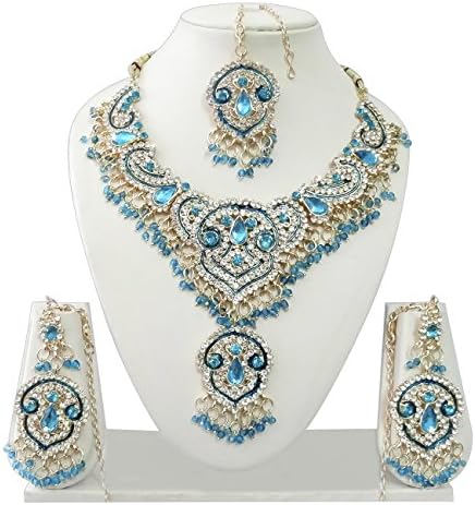Exquisite Jewels Indian Bollywood Jewelry Set Ethnic Gold Plated Necklace Set with Earrings and Maang Tikka JS8093 Available in 12 Colors
