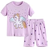 Hsctek Girls' Pajamas Set, Children' Short PJS, Kids' Cotton Sleepwear Clothes(5, Purple Unicorn 1)
