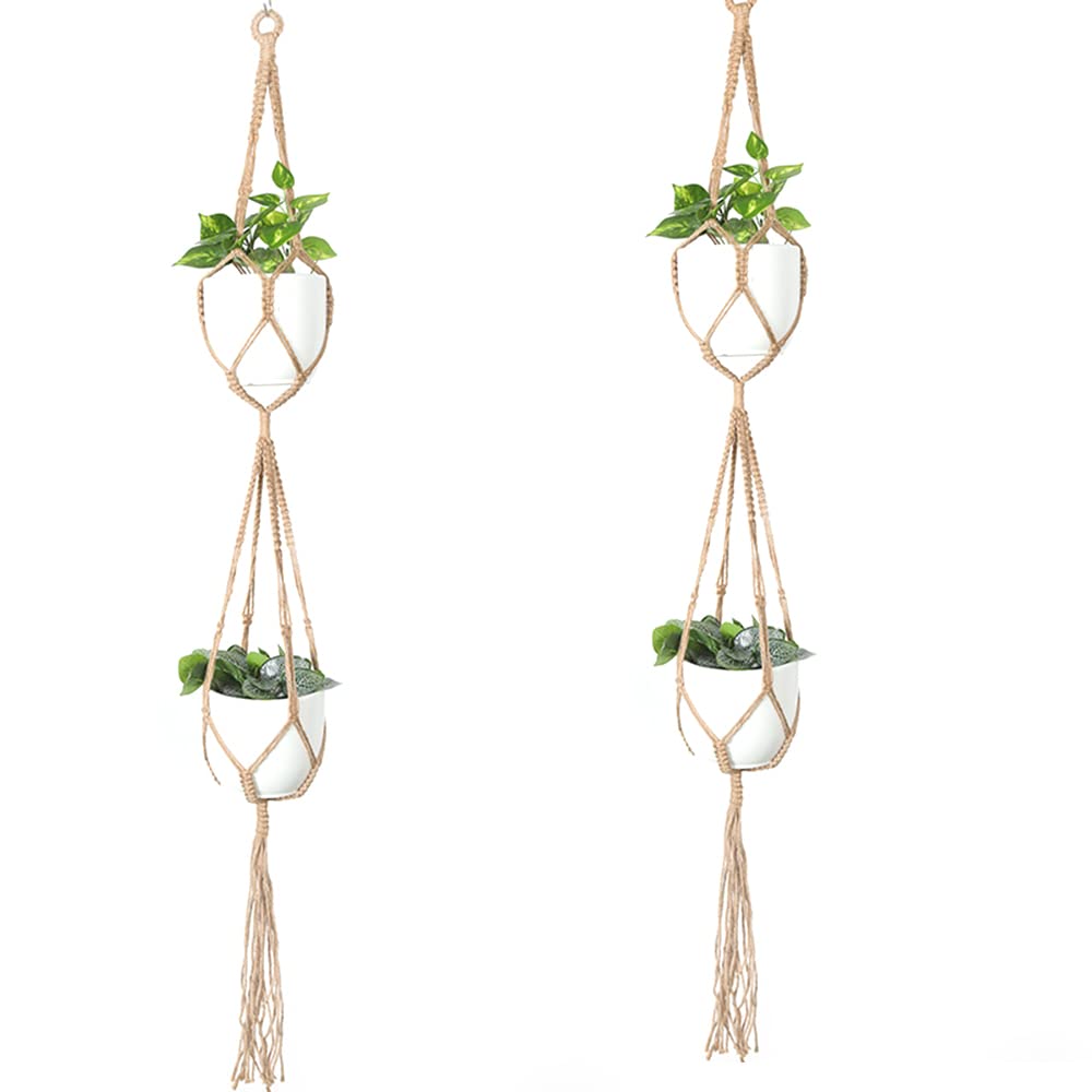 CENPEK 2 Pack 150CM Macrame Plant Double Hangers, Hanging Planter Baskets Hanger with Tassels Flower Pot Holder Cotton Rope