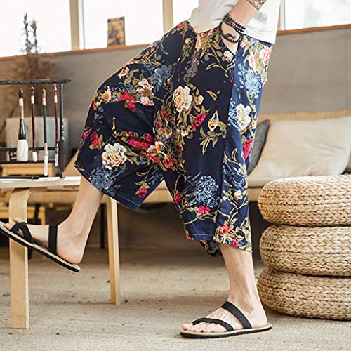 VEZAD Men Harem Pants Jogger Fitness Chinese Style Printed Linen Loose Cropped Trousers